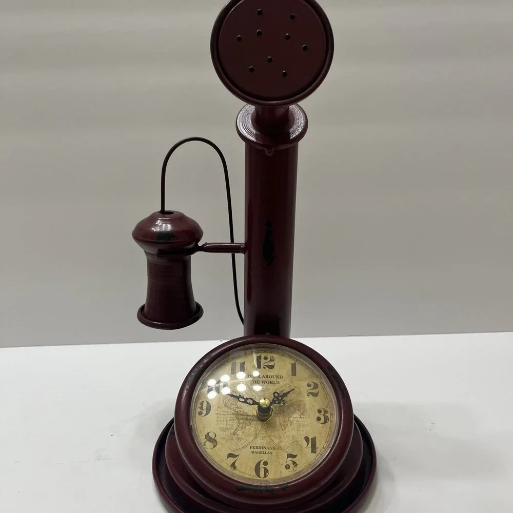 Vintage-Style Clock Red Antiqued Candlestick Phone Shaped Metal Distressed 13